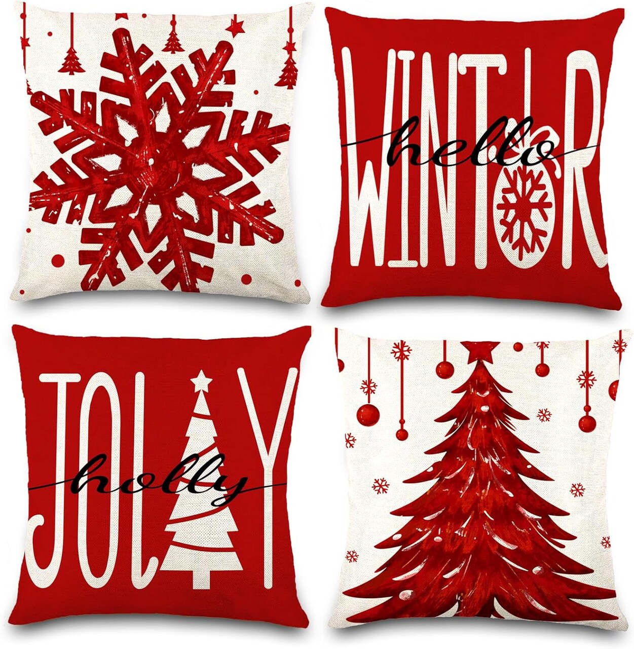 4PCS Christmas Pillow Covers 18x18 inch Winter Throw Pillow Covers Red Christmas Tree Snowflake Pillow Covers Hello Winter Holly Jolly Decor Cushion Case for Holiday Home Sofa Couch